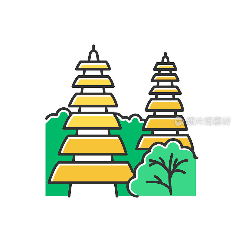 Pura tanah lot寺庙在巴厘岛的颜色图标。印尼的旅游目的地和宗教场所。印度教寺庙，传统的巴厘岛草屋顶。孤立的矢量图